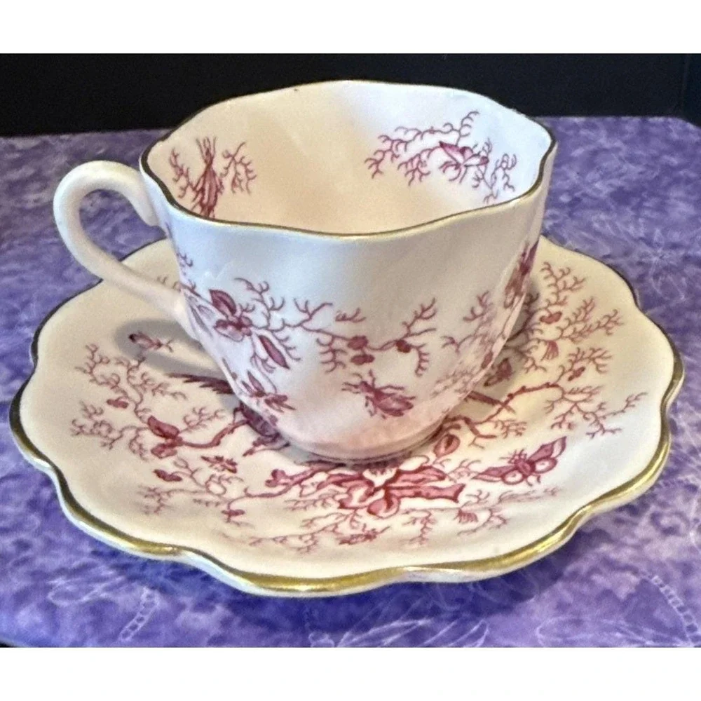 Coalport England Cairo Tea Cup Saucer Gold Trim‎ Pink Birds Bugs Floral Vintage